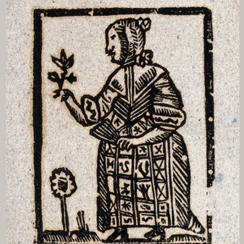 A-witch-holding-a-plant-in-one-hand-and-a-fan-in-the-other-Woodcut-ca-17001720-Wellcome-Collection-P